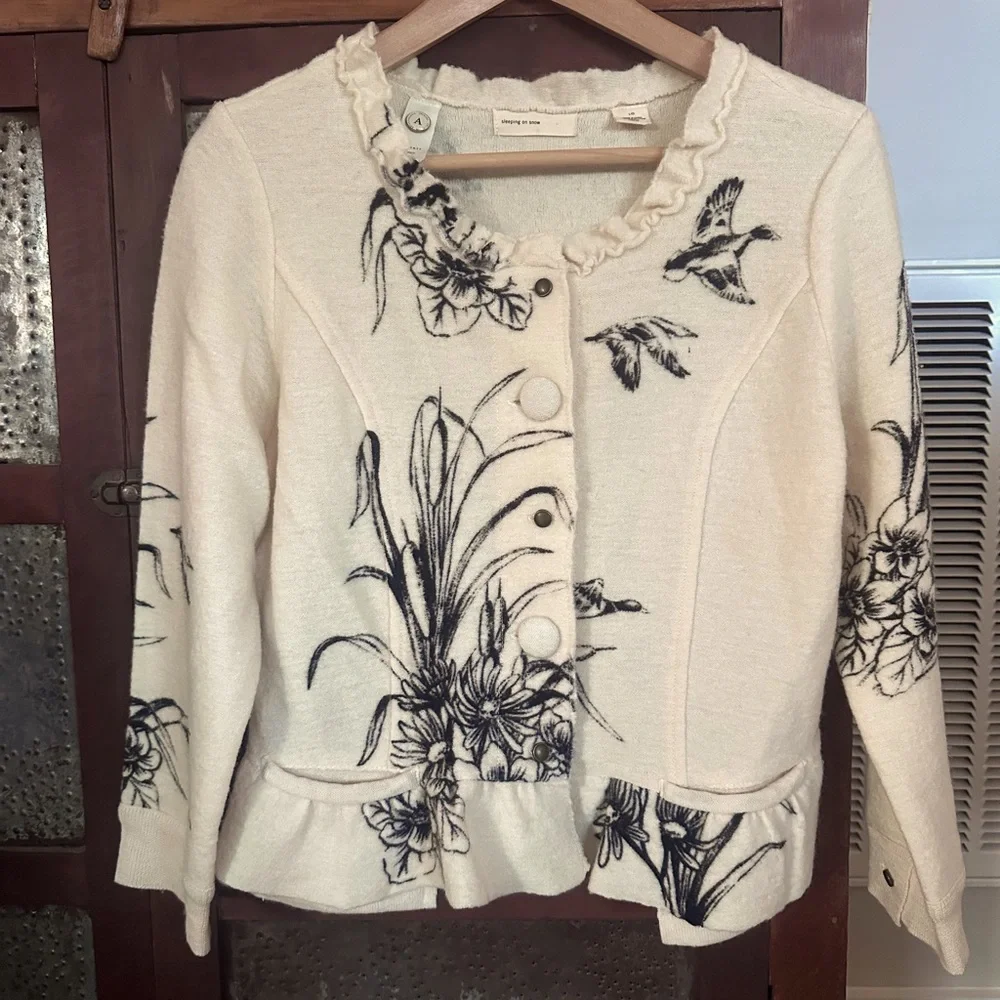 Anthropologie sleeping on snow Peplum Cardigan Cream With Pockets Size Large - Picture 1 of 7